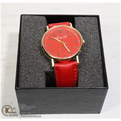 NEW JING YI LADIES WATCH. RED LEATHER STRAP IN