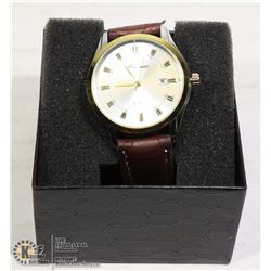 NEW BIINUE DATE CALENDAR MANS WATCH. BROWN LEATHER