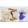 Image 2 : LOT OF 3 ART SCULPTURES. 1 GLASS, 1 WOOD, 1 STONE