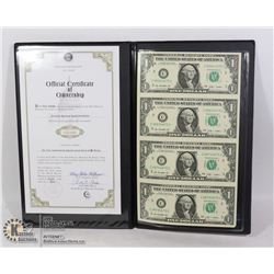 UNCUT SHEET OF 4 USA DOLLAR BILLS WITH COA