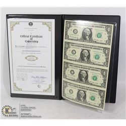 UNCUT SHEET OF 4 USA DOLLAR BILLS WITH COA