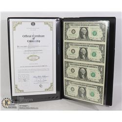 UNCUT SHEET OF 4 USA DOLLAR BILLS WITH COA
