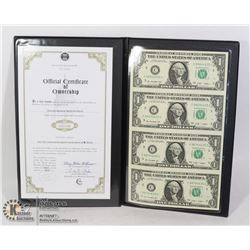 UNCUT SHEET OF 4 USA DOLLAR BILLS WITH COA