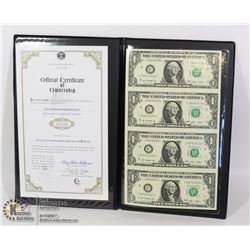 UNCUT SHEET OF 4 USA DOLLAR BILLS WITH COA