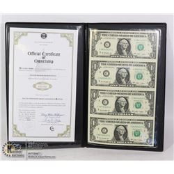 UNCUT SHEET OF 4 USA DOLLAR BILLS WITH COA