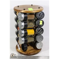 20 PC SPICS SET ON ROTATING WOODEN RACK W/ SPICES