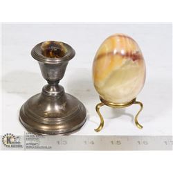ALABASTER EGG ON STAND & ANTIQUE CANDLE HOLDER