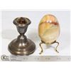 Image 1 : ALABASTER EGG ON STAND & ANTIQUE CANDLE HOLDER