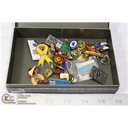 CIGAR BOX OF 30+ LAPEL PINS