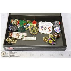 CIGAR BOX OF 30+ LAPEL PINS