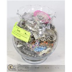 ROSE BOWL OF ASSORTED VINTAGE SILVER TONE JEWELRY