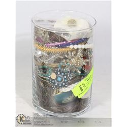 GLASS VASE OF ASSORTED VINTAGE JEWELRY