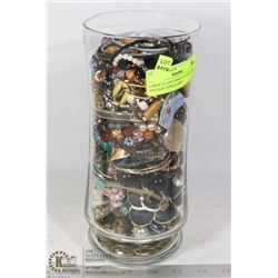 LARGE GLASS VASE OF ASSORTED VINTAGE JEWELRY