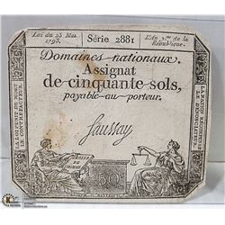 FRENCH REVOLUTION 1793 50 SOL BANKNOTE ORIGINAL