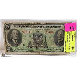 1935 ROYAL BANK OF CANADA $5 CHARTERED BANKNOTE