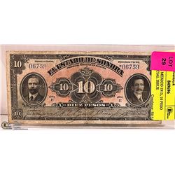 SENORA MEXICO 1915, 10 PESO PROVINCIAL ISSUE