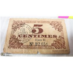 1917 WW1 FRANCE EMERGENCY ISSUE 5 CENT NOTE