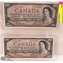 RARE 1954 SEQUENTIAL PAIR OF $100 BANKNOTES