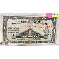 1936 ALBERTA $1 PROSPERITY CERTIFICATE W/ STAMPS