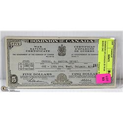 DOMINON OF CANADA $5 WAR BOND 1942