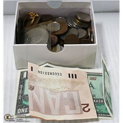 MIXED COIN COLLECTION IN BOX WITH COINS & NOTES