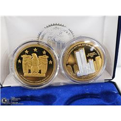 SET OF TWO SILVER/GOLD CLAD WORLD TRADE CENTER