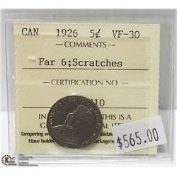 RARE KEY DATE 1926 FAR 6 NICKEL ICCS VF30 CAT $565