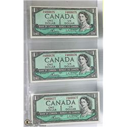 3 SEQUENTIAL 1954 MODIFIED $1 BANKNOTES