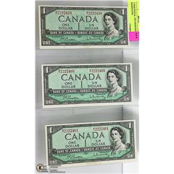 3 SEQUENTIAL 1954 MODIFIED $1 BANKNOTES