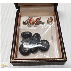 VINTAGE CAMEO PIN, SCREWBACK EARRINGS & BUTTONS