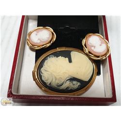 VINTAGE CAMEO EARRINGS & CAMEO SCARF CLIP