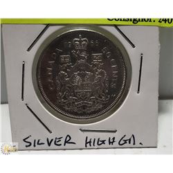 1966 CANADIAN SILVER 50 CENT PIECE, HIGH GRADE