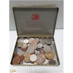 VINTAGE TOBACCO TIN WITH ASSORTED COINS