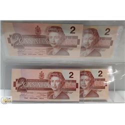1986 CANADA $2 UNCIRCULATED, 4 CONSECUITIVE BILLS