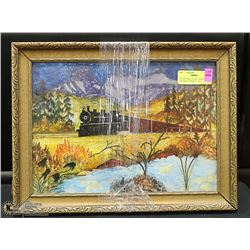1936 REVERSE GLASS TRAIN PAINTING FRAMED 17 X 30