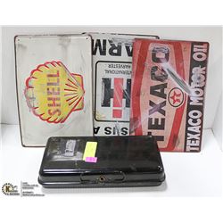 3 VINTAGE STYLE METAL AD SIGNS + OLD CASH DRAWER