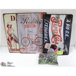 3 VINTAGE STYLE METAL AD SIGNS + MARBLES