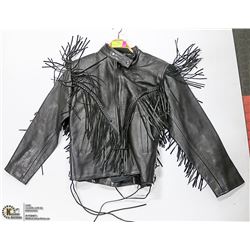 BLACK LEATHER FRINGE BIKER JACKET SMALL