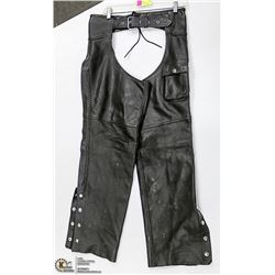 BLACK LEATHER CHAPS SIZE XSMALL WITH BRAIDED SIDE