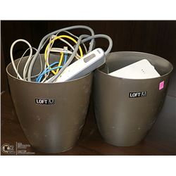 LOT OF ASSORTED GARBAGE CANS, CORDS AND KEYBOARDS