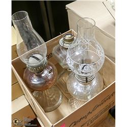 BOX OF 3 OIL LAMPS WITH 2 SHADES
