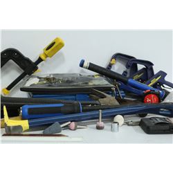 LARGE FLAT FULL OF TOOLS, CLAMPS,