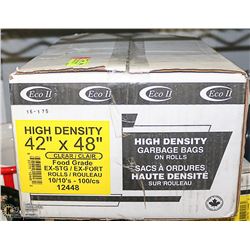 BOX OF CLEAR HIGH DENSITY GARBAGE BAGS 42" X 48"