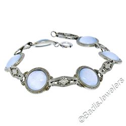 Antique Art Deco 14kt White Gold Blue Moonstone Etched Filigree Bracelet