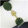 Image 7 : Vintage 14kt Yellow Gold Carved Oval Jade Bird and Etched Flower Link Bracelet