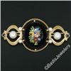 Image 2 : Vintage 14kt Yellow Gold Black Onyx Floral Mosaic Sapphire and Pearl Brooch Pin