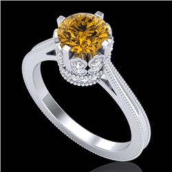 1.5 ctw Intense Fancy Yellow Diamond Art Deco Ring 18k White Gold - REF-209G3W