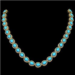 29.73 ctw Turquoise & Diamond Micro Pave Halo Necklace 10k Yellow Gold - REF-588H5R