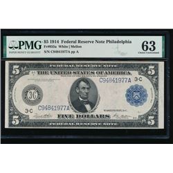 1914 $5 Philadelphia Federal Reserve Note PMG 63