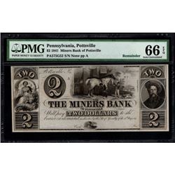 1841 $2 Pottsville PA Bank Note PMG 66EPQ